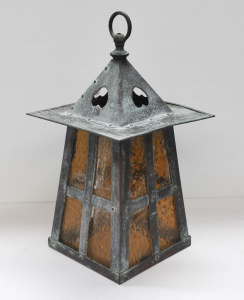 Lot 231 - Vintage Arts & Crafts Copper Hanging Outdoor Lantern - amber glass