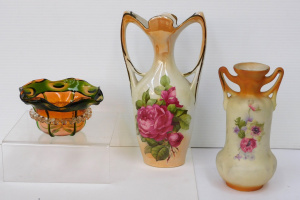 Lot 247 - 3pc Victorian Glass & Ceramic inc Peach & Green Glass Bowl - W