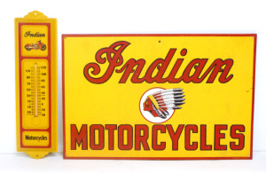 Lot 300 - 2 x Vintage Style Embossed Tin Sign & Thermometer - Indian Motorcy