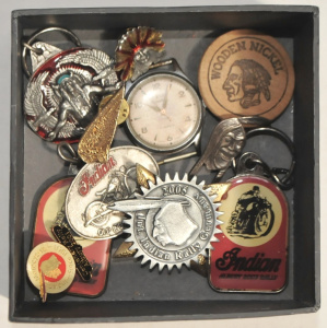 Lot 318 - Group lot - Indian Motorcycle & other Badges, Keyrings, Wooden Nic