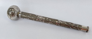 Lot 327 - 19th C oriental silver parasol handle chased with flowers & birds