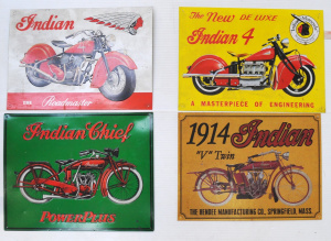 Lot 334 - 4 x Vintage Style Reproduction Embossed Tin Indian Motorcycles Signs -