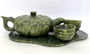 Lot 344 - Chinese green carved Nephrite jade Teapot, Tray & 6 cups