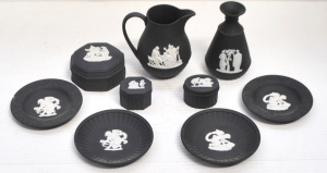 Lot 366 - Group lot of Wedgwood white on black Jasperware items inc, jug, vase,