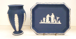 Lot 374 - 2 x Wedgwood China Jasperware - white on Portland Blue inc vase with A