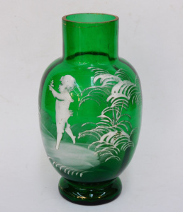 Lot 384 - Victorian Mary Gregory Green Glass Vase - hand painted decoration -
