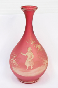Lot 385 - Victorian Mary Gregory Hand Painted Ruby Glass Vase - Narrow neck w fl