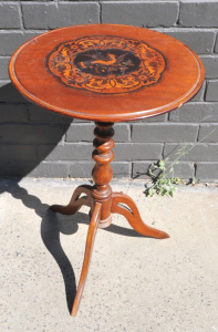 Lot 2 - Victorian Cedar Wine Table w Inlaid Image of a Bird to Top
