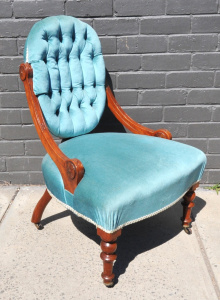 Lot 7 - Vintage Edwardian Blue Upholstered Medallion Back Nursing Chair, cedar f