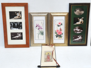 Lot 27 - Group lot - 2 x Framed Oriental Watercolours, small material Wall hang