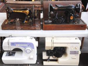 Lot 51 - 4 x Sewing Machines inc 2 x Vintage Wooden cased Singer Machines, Janom