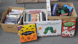 Lot 53 - 3 x boxes of games and books - Connect Four, Yahtzee, The Very Hungry C