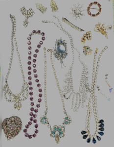 Lot 63 - Group Vintage costume jewellery - Diamante, crystal, necklaces, brooche