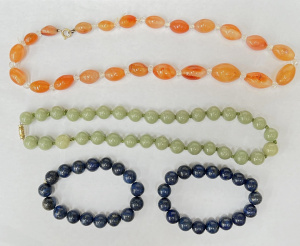 Lot 68 - Group jewellery - Carnelian, Jadeite necklaces & 2 x Lapis bracelet
