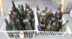 Lot 87 - 2 x Boxes of Vintage Coloured Glass Bottles incl Chemical Bottles, Medi