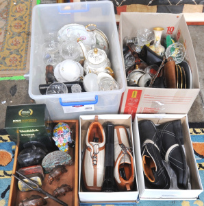 Lot 94 - Group Lot incl 3 x Boxes w Ceramics, Glassware, 2 x Pairs of Monza Ital
