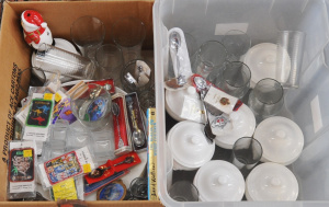 Lot 97 - 2 x Boxes of Ceramics, Glassware & Souvenir Items incl Iron On Patc