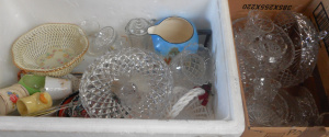 Lot 106 - 2 x Boxes Cut Crystal and China, incl Bowls, Jugs, Cake stand, etc