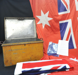 Lot 126 - Group Lot Mixed Items - incl Vintage Metal Lock Box and 2 x Flags (Aus