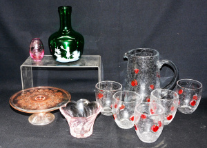 Lot 158 - Group lot of Glass inc Peach Pedestal plate 2 x Pink vases, Mary Grego
