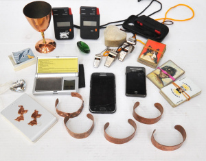 Lot 171 - Box Lot Mixed Items - incl Copper Bangles & Goblet, Samsung Phones