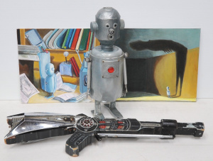 Lot 203 - Group lot - hand made 1950s style Robot, 2 x unframed oil paintings fe