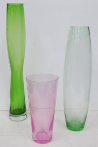 Lot 208 - 3 x tall Decorative Coloured Glass Vases inc, green and pink, approx 2
