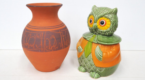 Lot 251 - 2 x Pieces Pottery incl Japanese Ceramic Owl in Suit Cookie Jar &