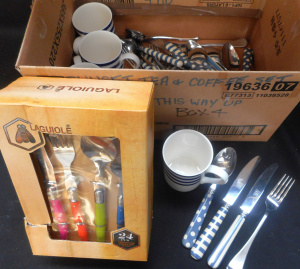 Lot 257 - Box Modern Cutlery, incl Boxed Laguiole 24 piece cutlery set, Quid Nov