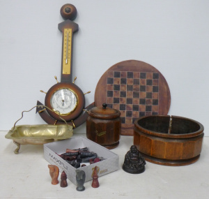 Lot 44 - Box lot of assorted items inc, vintage wooden tea caddy, carved African