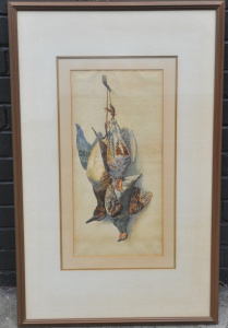 Lot 53 - Artist Unknown Large framed c1900 Watercolour - Still Life with Game Bi