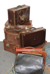 Lot 73 - Group lot Vintage Leather Cases inc Hat Box, Large & Small Suitcase