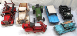 Lot 75 - Box Tin Trucks and cars, incl Fire truck, Vespa, VW Beetle, Army Jeep,