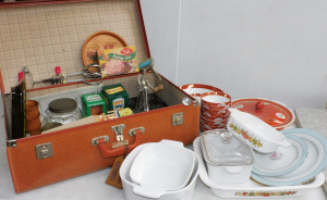 Lot 80 - Box & Case w contents inc Corning ware bakeware, Oriental serving s