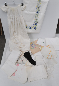 Lot 98 - Box lot of Vintage Clothing & Napery inc Christening Gown, Linen Ta