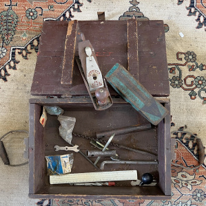 Lot 114 - Ammo crate & contents incl Falcon plane, boxed sharpening stone et