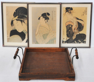 Lot 117 - Vintage Wooden Drinks Tray & 3 x Framed Prints of Japanese Woodblo