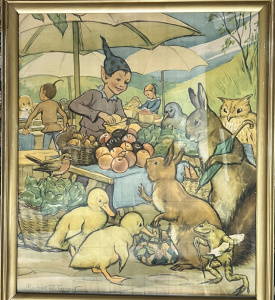 Lot 212 - Framed Margaret W Tarrant nursery print - Elves with rabbits, chicks,