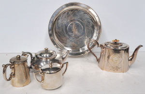 Lot 215 - Group lot of EPNS inc Robur Teapot with infuser, Round Tray with etche
