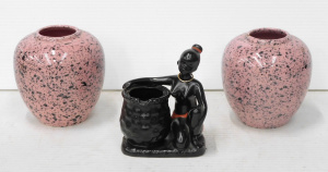 Lot 223 - 3 pces Modernist ceramics inc Pair of Pink & Black speckled Vases