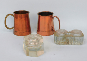 Lot 240 - Mixed Group vintage inc Pair of Copper Tankards, 2 x Glass inkwells -
