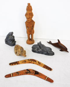 Lot 259 - Mixed Grp Lot inc Carved Boomerangs, Dolphin, Eskimos, Tribal Figure C