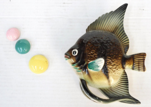 Lot 269 - Mid Century Japanese Ceramic Angel Fish Wall Pocket w three coloured a