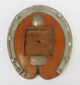 Lot 271 - Late 1800s Presentation Ink Well Stand - Horse shoe mounted to timber