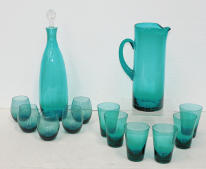 Lot 289 - Group lot of vintage Teal Glass drink wear inc Decanter w 5 glasses &a