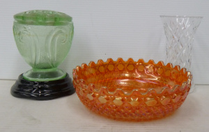 Lot 294 - 3 x Vintage Glass Items inc, Art Deco Bagley green glass vase with fro