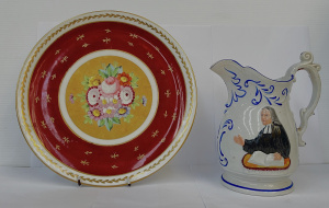 Lot 302 - 2 x pces 19thC china - hand painted charger with cameo of flowers on g