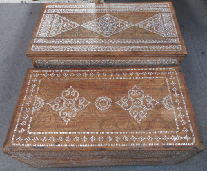 Lot 6 - 2 x Carved Teak Trunks inlaid with mother-of-pearl, largest 77 x 42 x 44