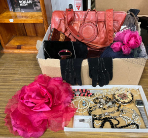 Lot 21 - Box Vintage ladies fashion accessories - red leather bag, croc purses,