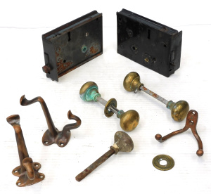Lot 44 - Group lot vintage Hardware inc Mortice Locks, Copper Coat Hooks, Brass